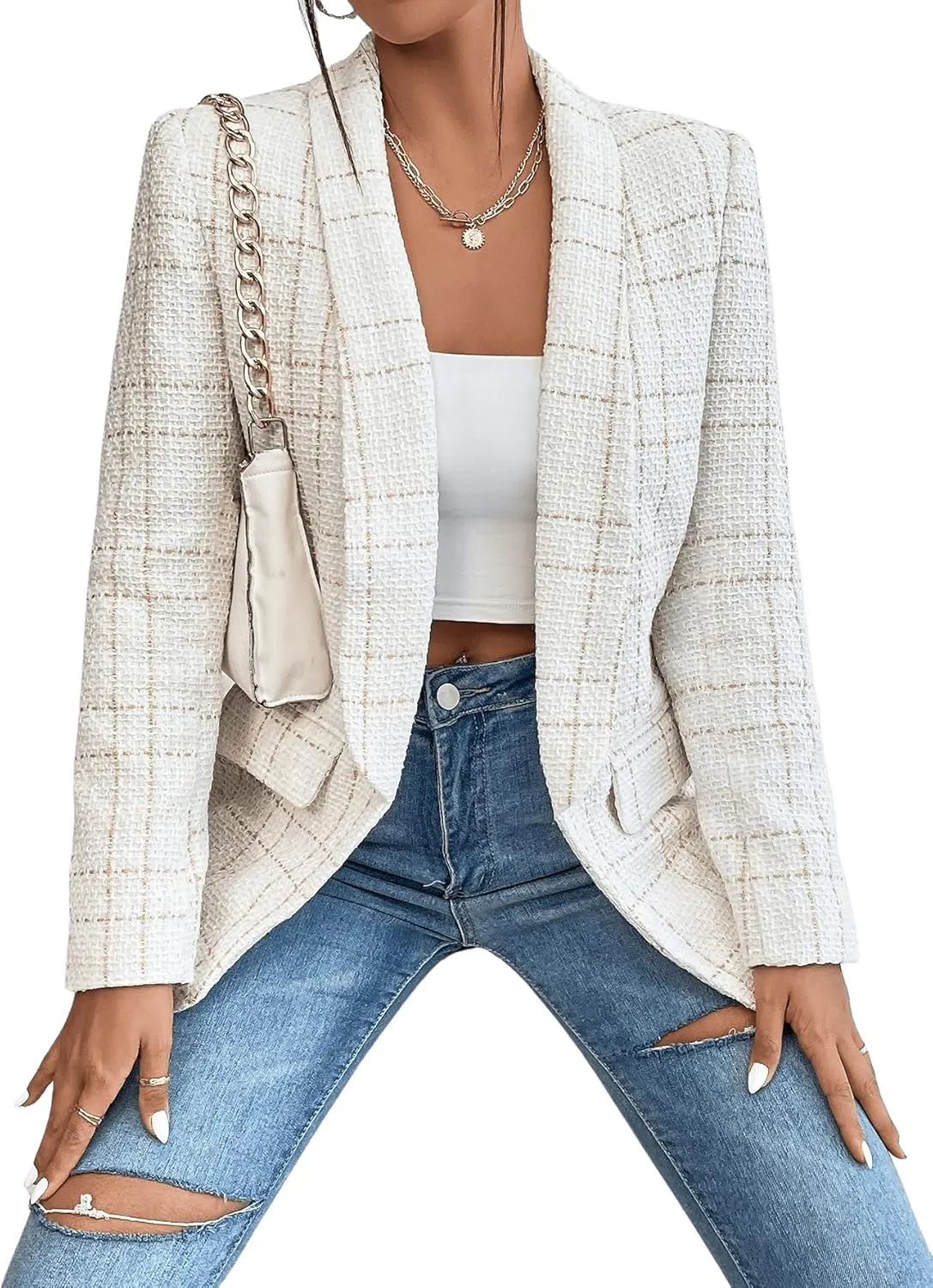 Floerns Women's Plaid Print Long Sleeve Shawl Collar Open Front Office Blazer