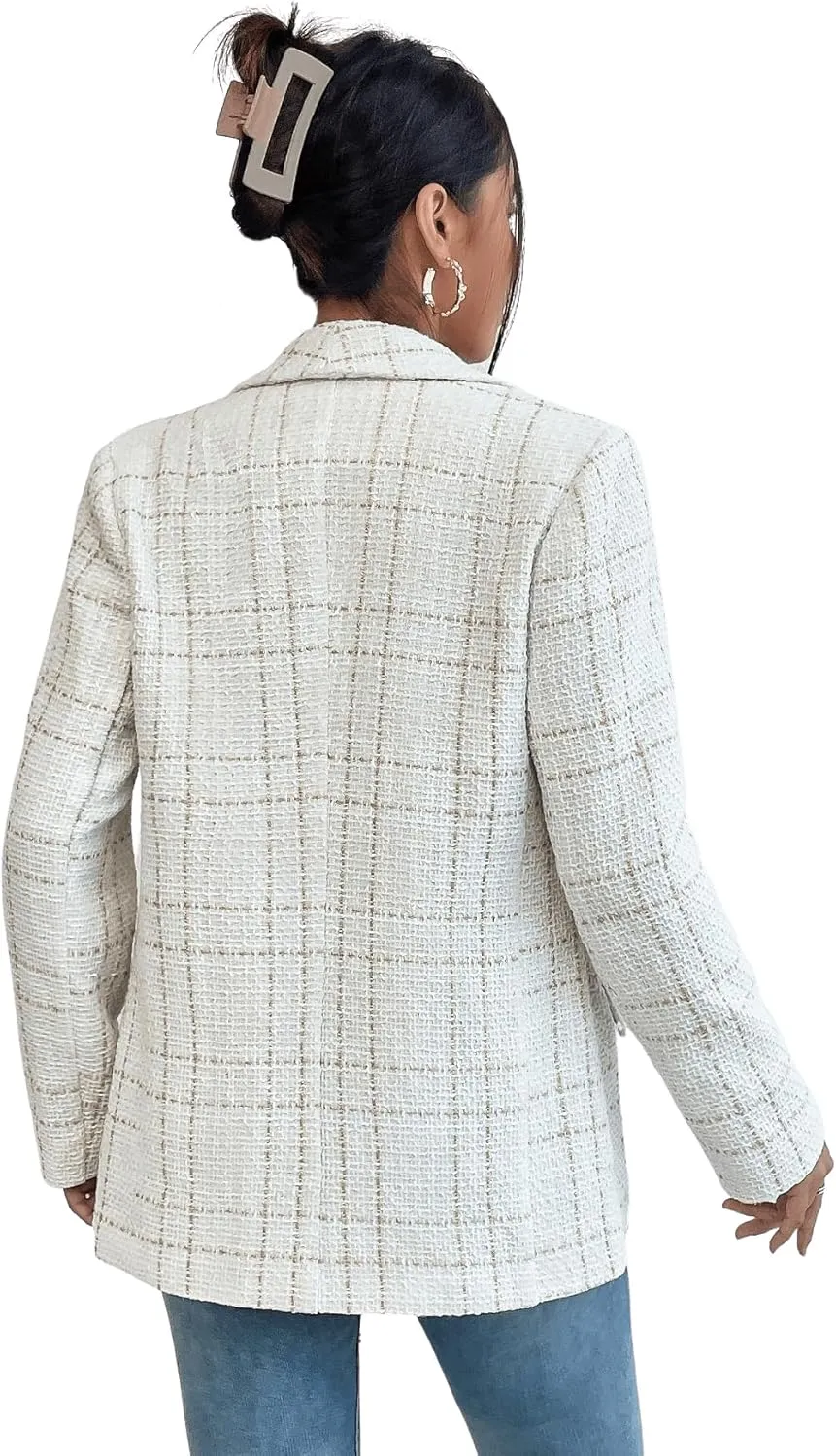 Floerns Women's Plaid Print Long Sleeve Shawl Collar Open Front Office Blazer