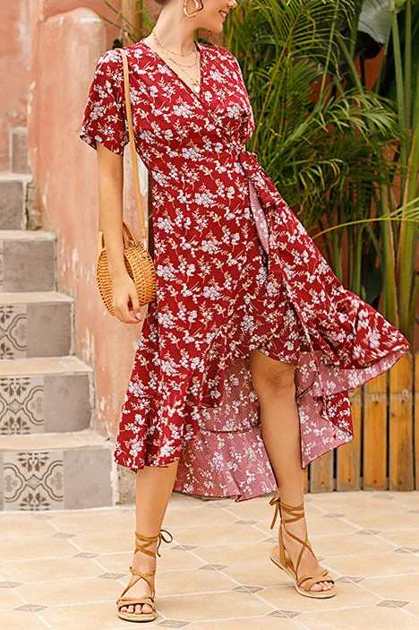 Floral Lace-up Ruffled Chiffon Dress