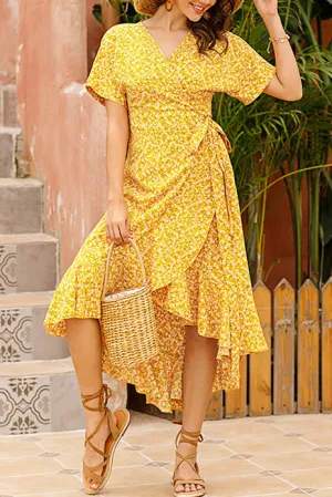 Floral Lace-up Ruffled Chiffon Dress