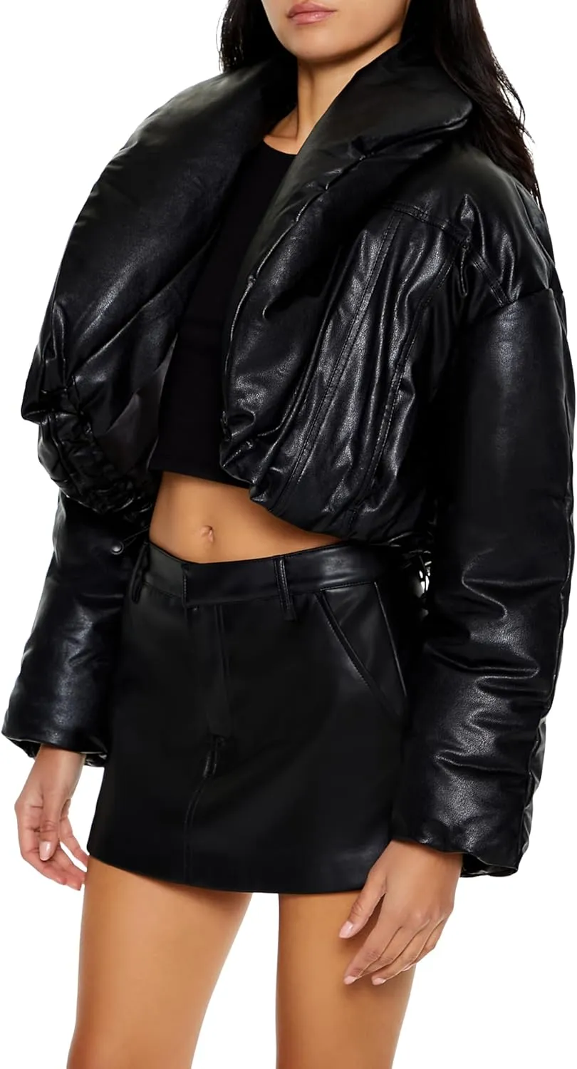 Forever 21 Women's Faux Leather Cropped Puffer Jacket