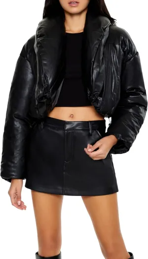 Forever 21 Women's Faux Leather Cropped Puffer Jacket