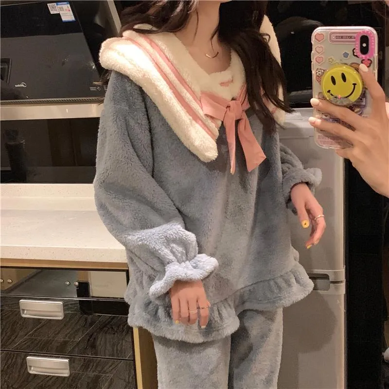 Gray Navy Blue Sailor Suit Fleece Plush Loose Pajama Set