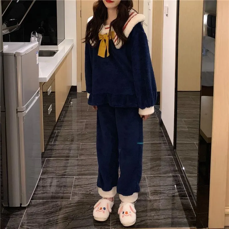 Gray Navy Blue Sailor Suit Fleece Plush Loose Pajama Set