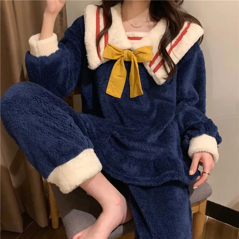 Gray Navy Blue Sailor Suit Fleece Plush Loose Pajama Set