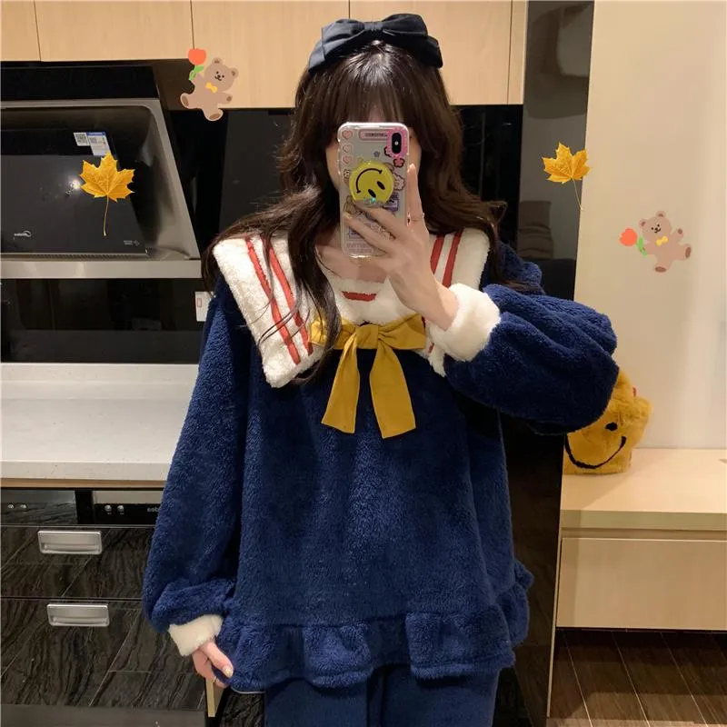 Gray Navy Blue Sailor Suit Fleece Plush Loose Pajama Set