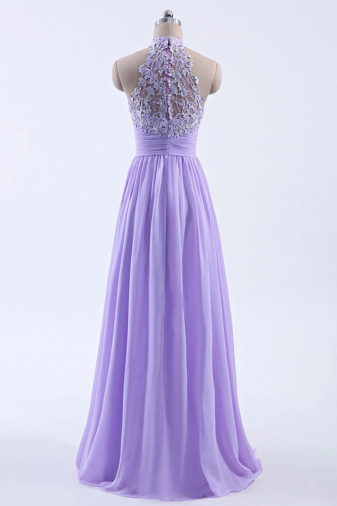 High Neck Lavender Chiffon Empire A-line Long Bridesmaid Dress