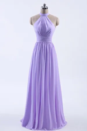 High Neck Lavender Chiffon Empire A-line Long Bridesmaid Dress