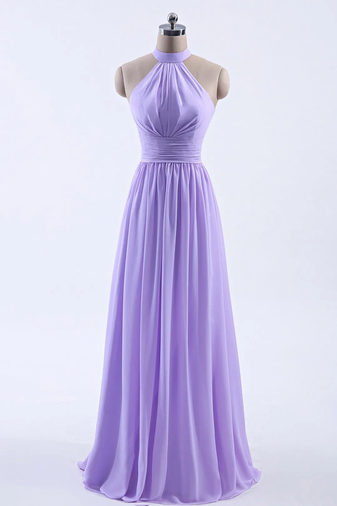 High Neck Lavender Chiffon Empire A-line Long Bridesmaid Dress