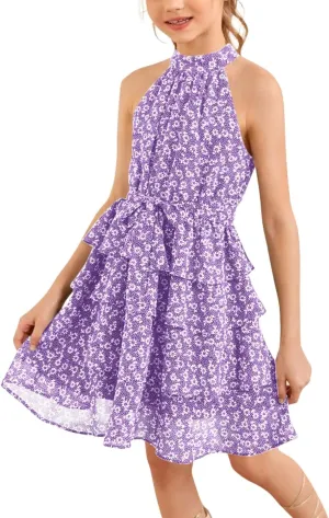Imily Bela Girls Floral Ruffle Dress Halter Neck Kids Chiffon Summer Party Dress with Belt