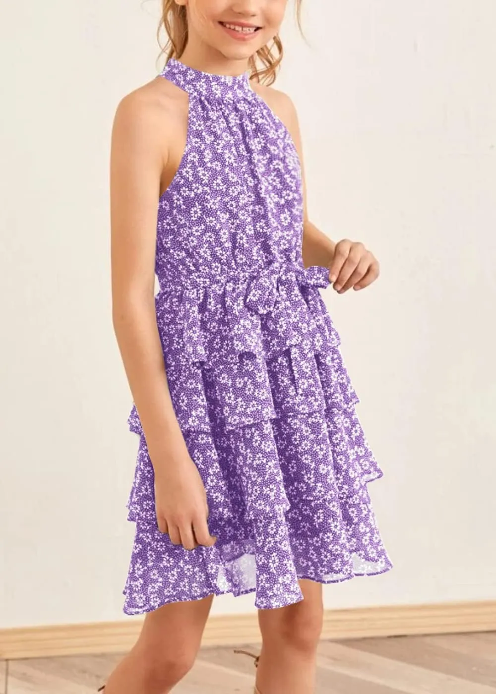Imily Bela Girls Floral Ruffle Dress Halter Neck Kids Chiffon Summer Party Dress with Belt