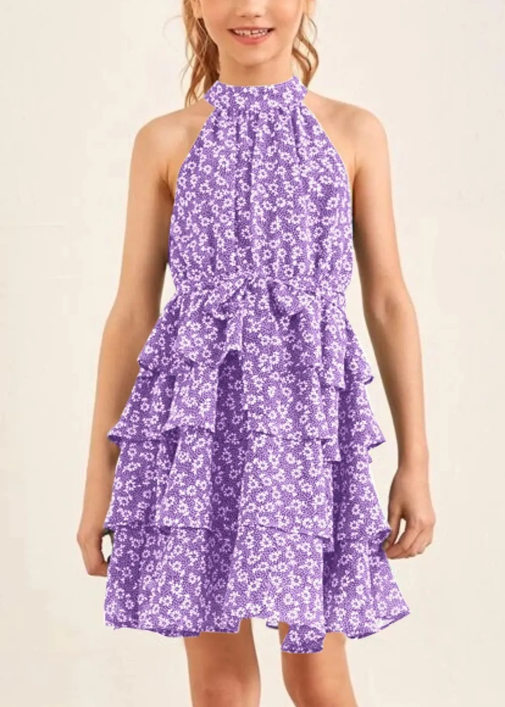Imily Bela Girls Floral Ruffle Dress Halter Neck Kids Chiffon Summer Party Dress with Belt