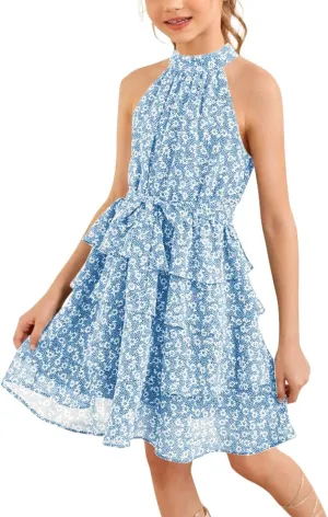 Imily Bela Girls Floral Ruffle Dress Halter Neck Kids Chiffon Summer Party Dress with Belt