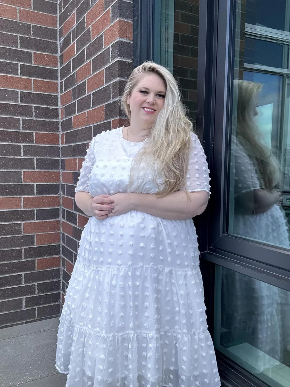 IN'VOLAND Womens Plus Size Swiss Dot Dress Chiffon Short Sleeve High Waist A Line Ruffle Tiered Babydoll Midi Dress