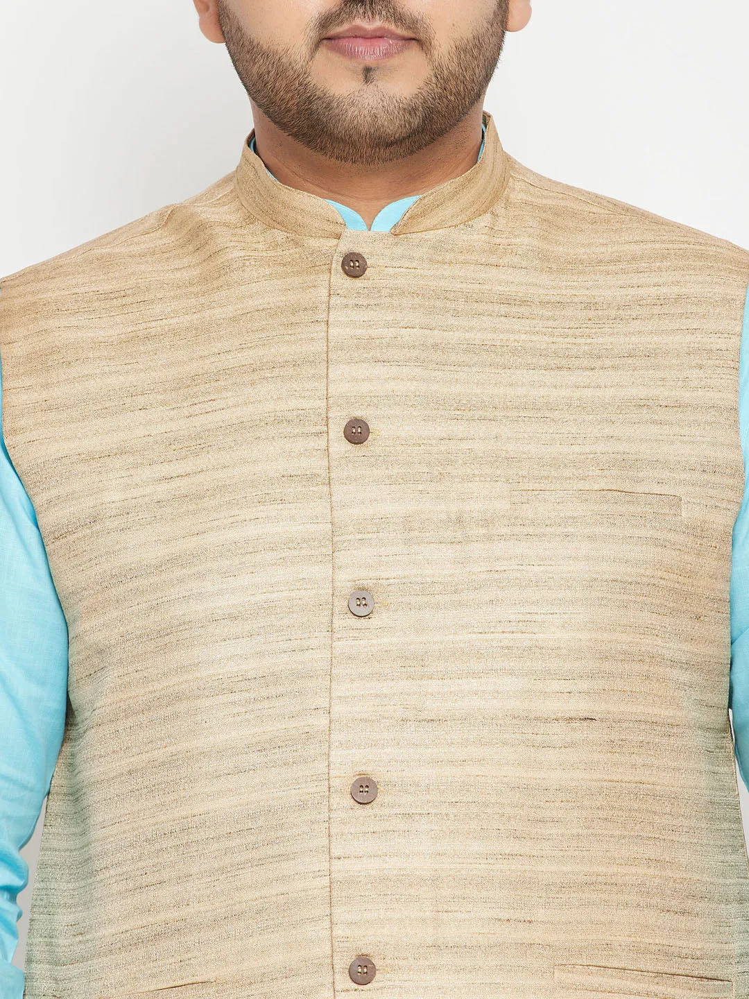 Jashvi Men's Plus Size Aqua and Beige Cotton Blend Jacket Kurta Pyjama Set