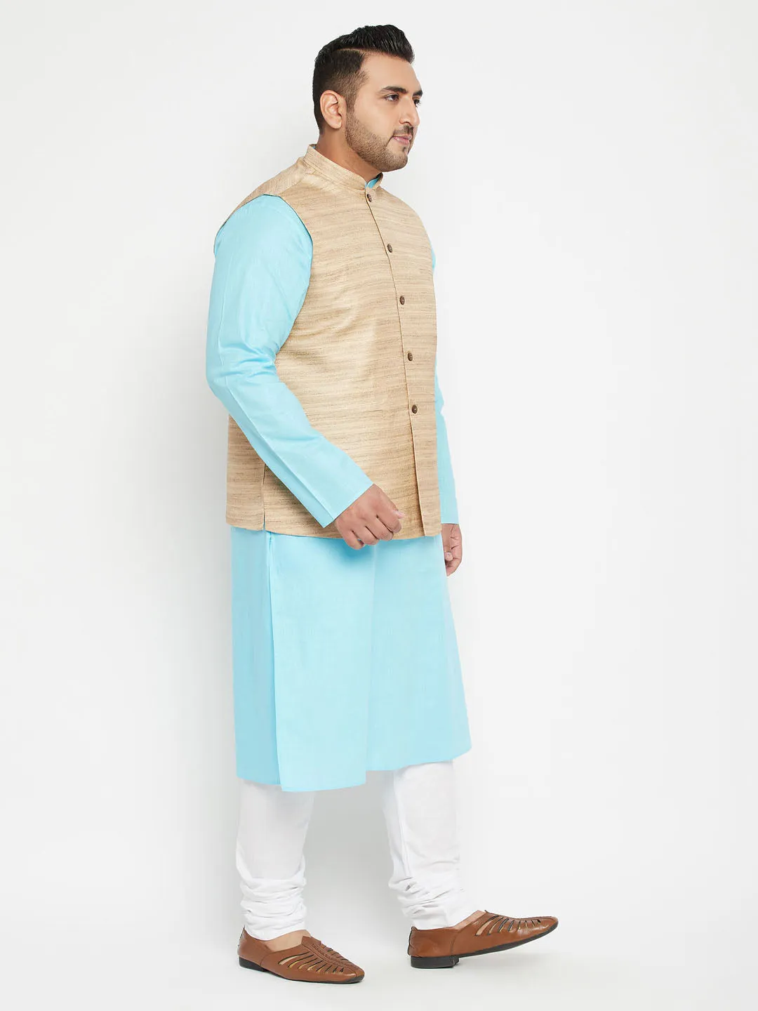 Jashvi Men's Plus Size Aqua and Beige Cotton Blend Jacket Kurta Pyjama Set