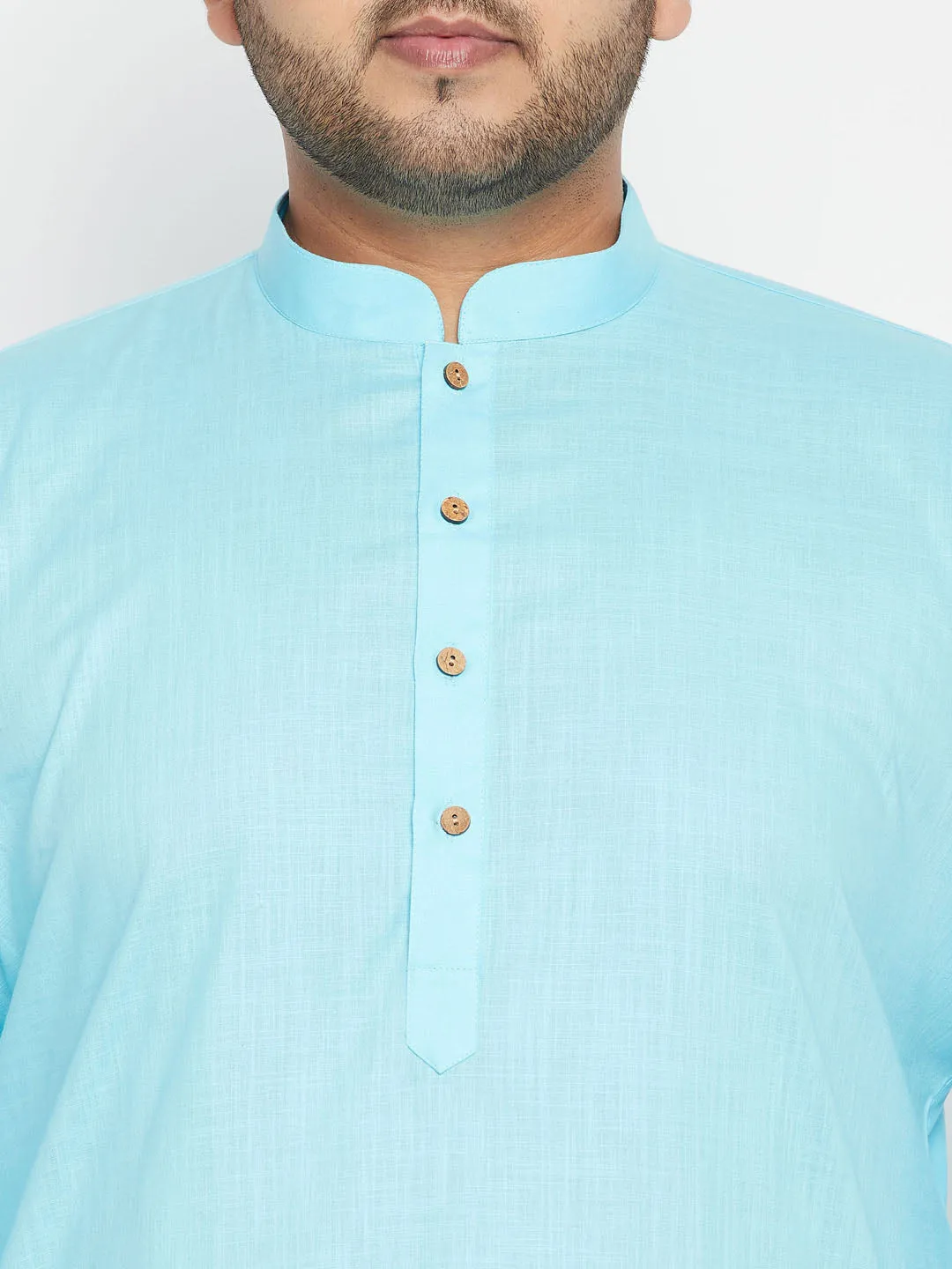 Jashvi Men's Plus Size Aqua and Beige Cotton Blend Jacket Kurta Pyjama Set