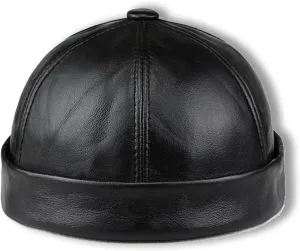 JGHJ Men Genuine Leather Skullcap, Sailor Cap Hat Beanie Rolled Cuff Retro Brimless Genuine Leather Beanie Hat (Black,L)
