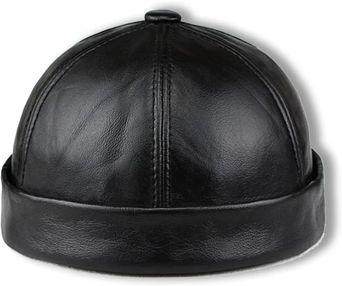 JGHJ Men Genuine Leather Skullcap, Sailor Cap Hat Beanie Rolled Cuff Retro Brimless Genuine Leather Beanie Hat (Black,L)