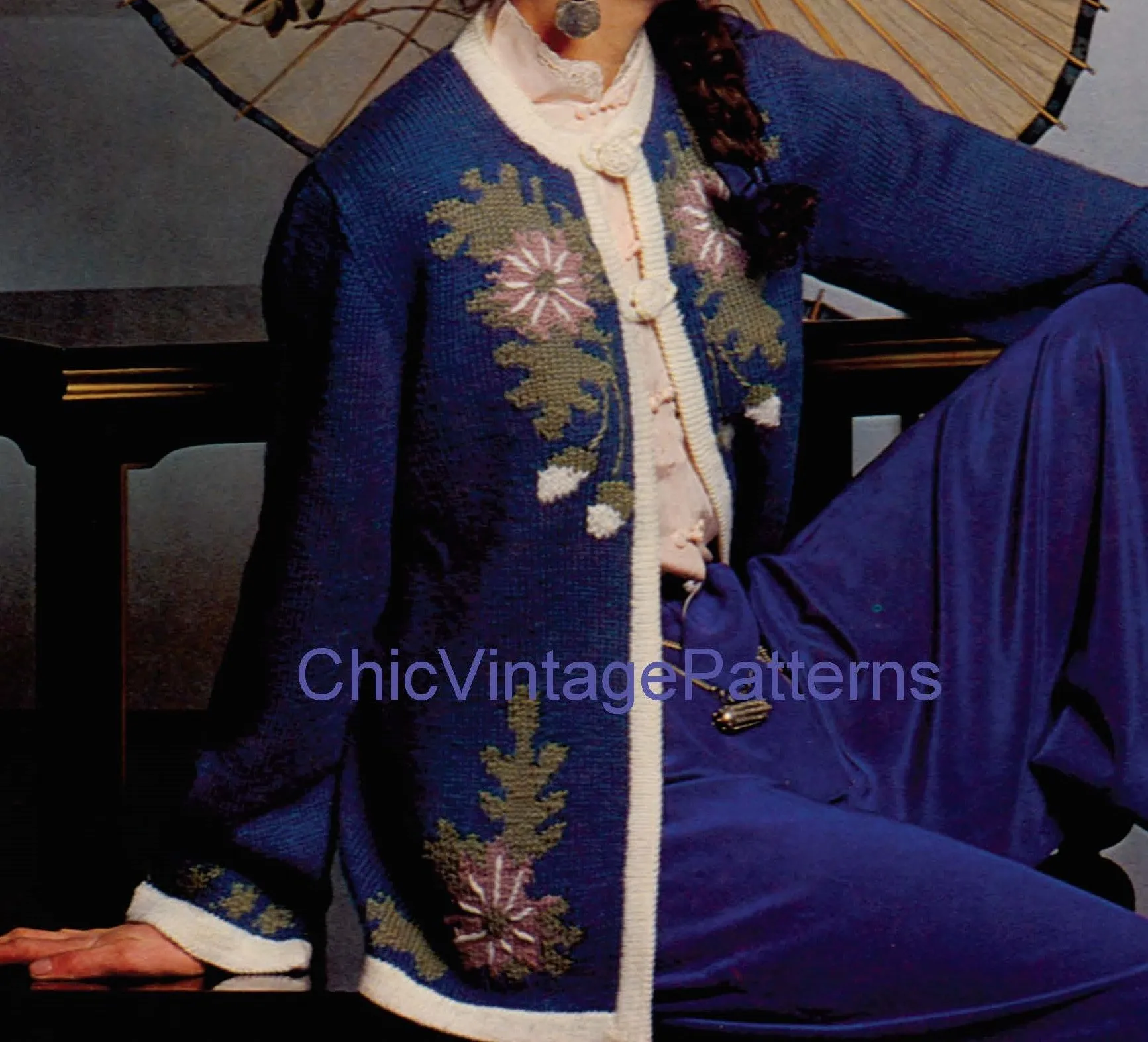 Knitted Ladies Jacket Pattern, Floral Motifs, Instant Download