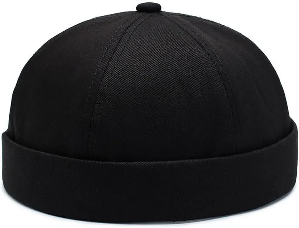 L Oversize Brimless Cap, Men Skullcap Rolled Cuff No Visor Beanie Sailor Hat (Black, L(22inch-24inch))