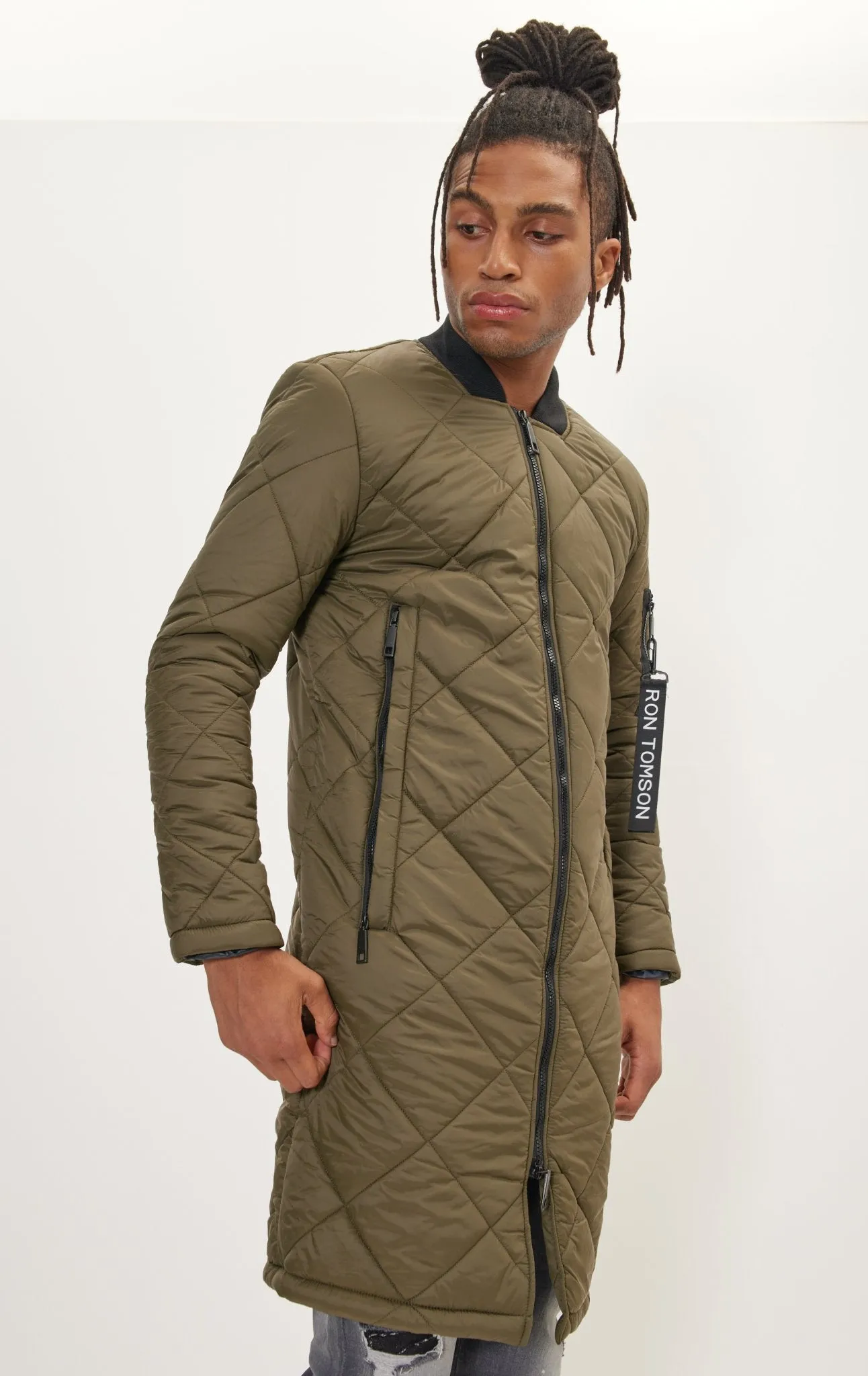 Light Padded Long Coat Jacket - Green