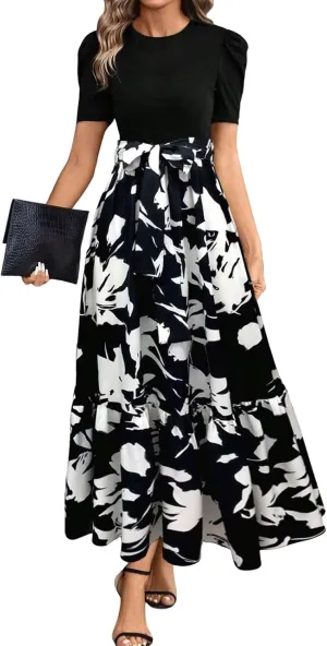 Long Floral Dresses for Women 2025 Elegant Boho Tie Belted Patchwork Empire Waist Short Sleeve Modest Flowy Maxi Dress
