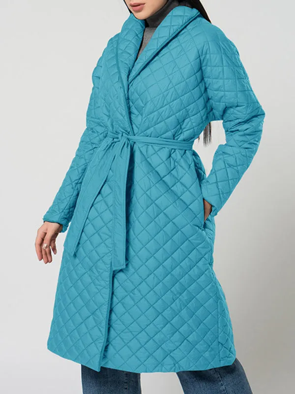 Long Sleeves Loose Rhombic Solid Color Tied Waist Lapel Padded Coat
