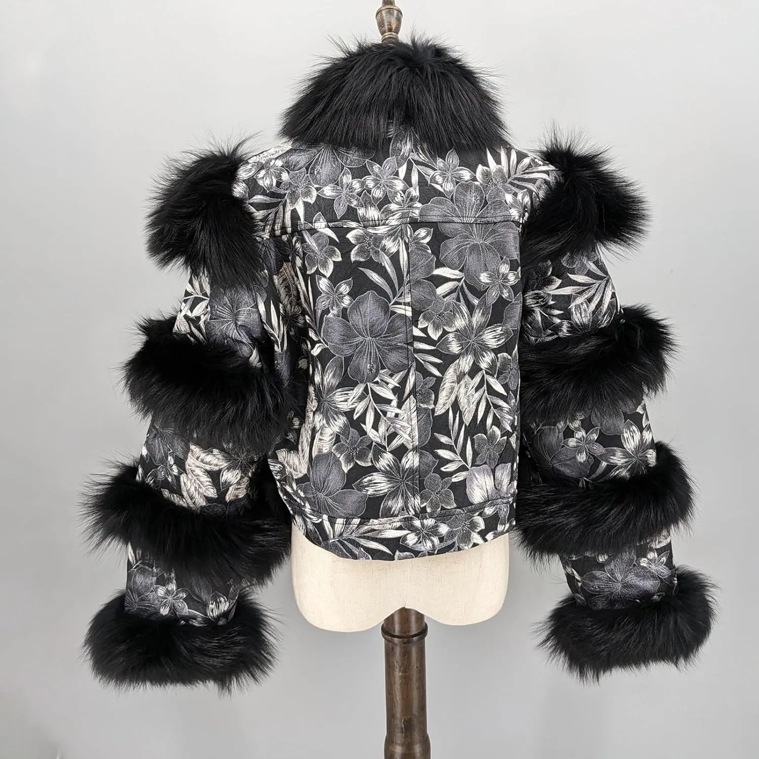 LVCOMEFF Women Sheep Leather Cropped Jacket Bolero Top Coat Motorcycle Jacket With Fox Fur Layer Long Sleeve Python Pattern