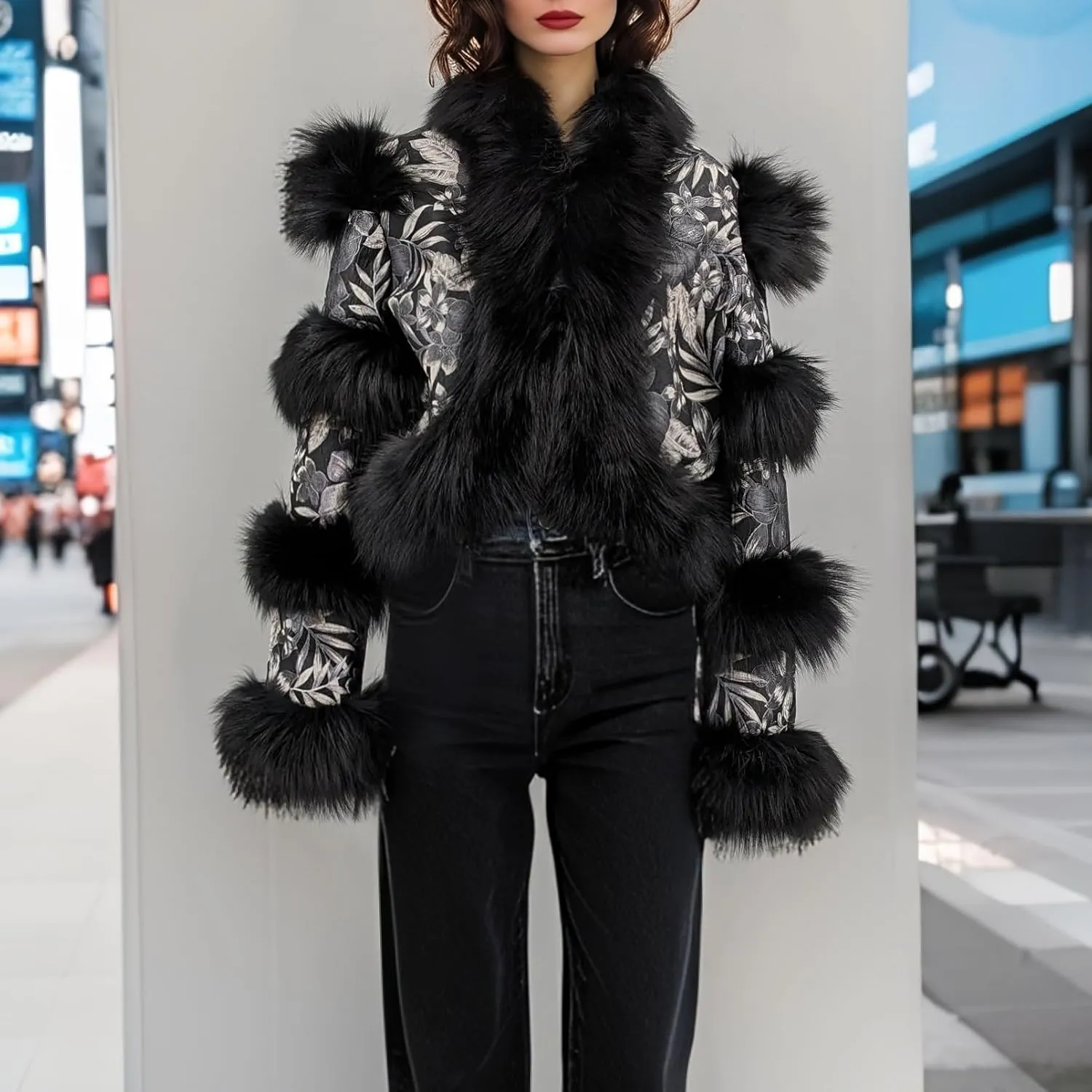 LVCOMEFF Women Sheep Leather Cropped Jacket Bolero Top Coat Motorcycle Jacket With Fox Fur Layer Long Sleeve Python Pattern