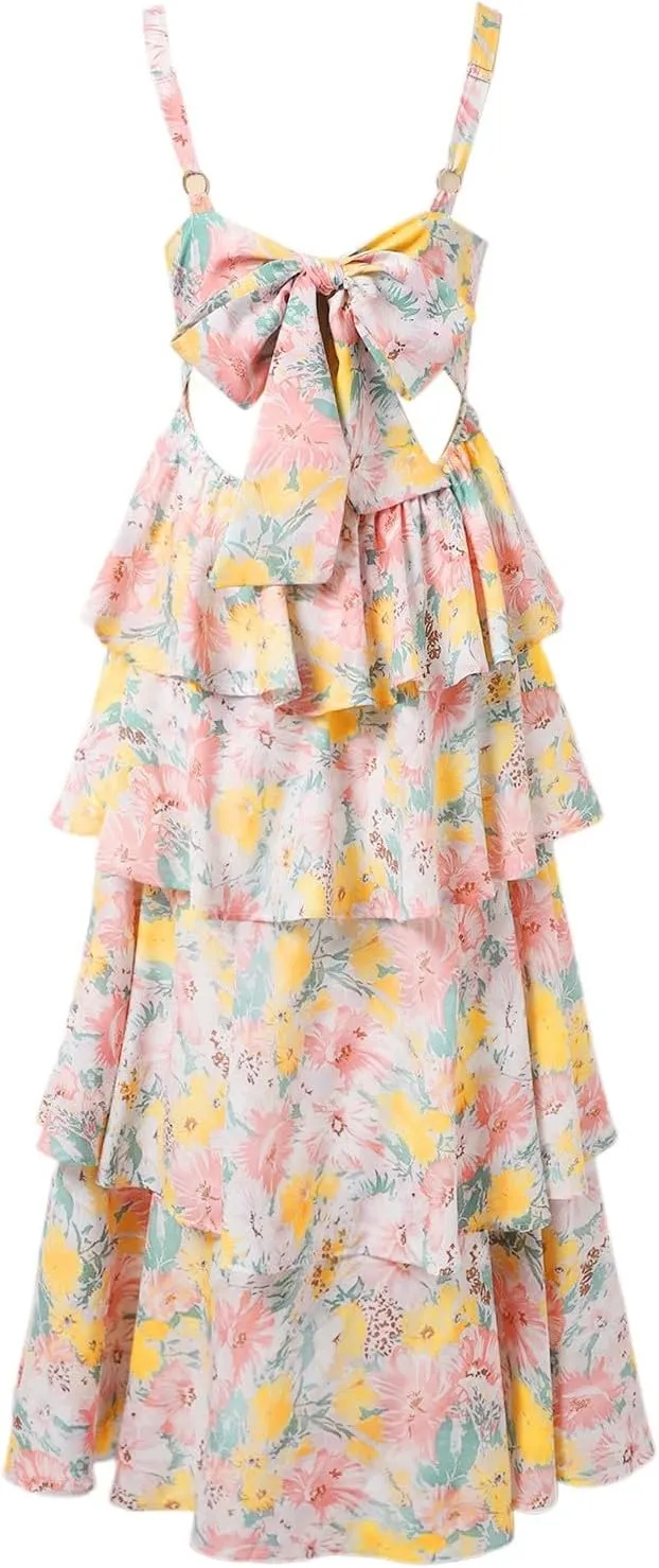Maxi Dresses for Women 2025 Adjustable Spaghetti Strap Floral Dress Flowy Elegant Summer Casual Vacation Outfits