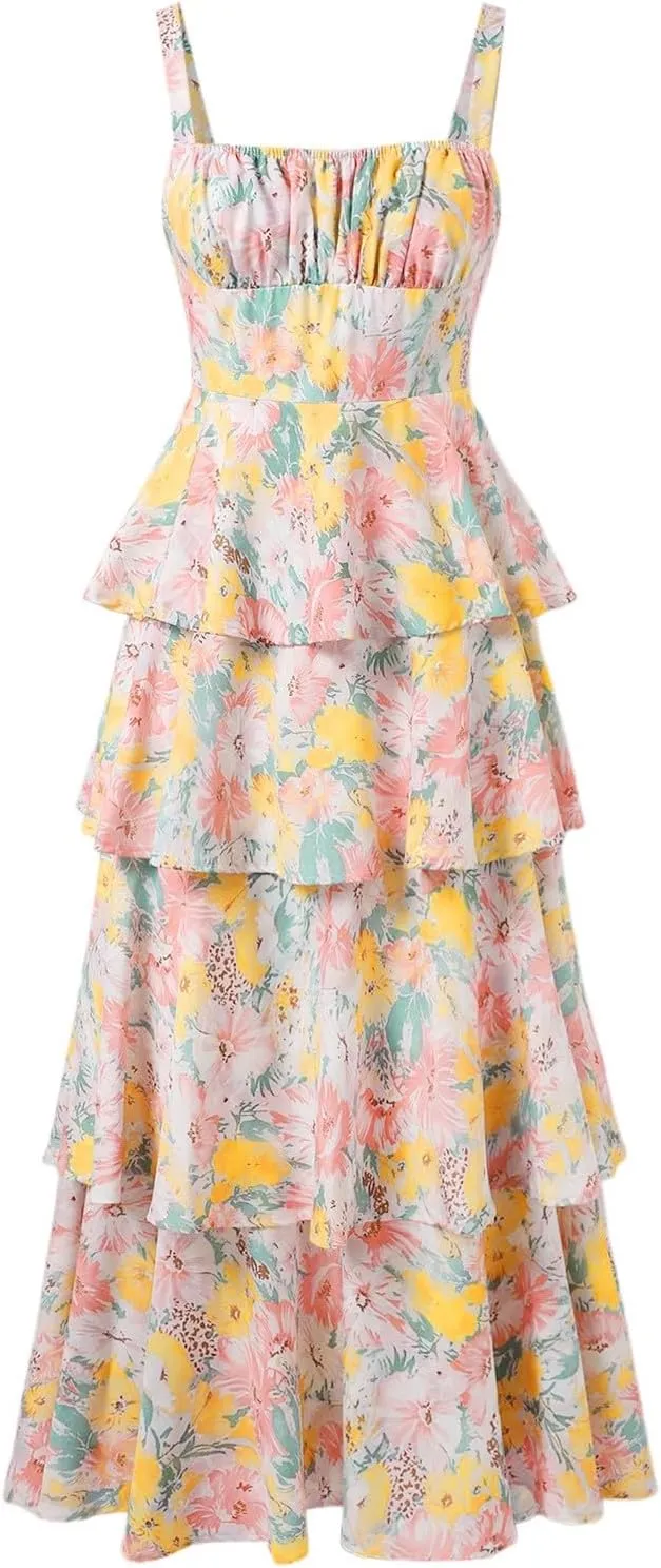 Maxi Dresses for Women 2025 Adjustable Spaghetti Strap Floral Dress Flowy Elegant Summer Casual Vacation Outfits