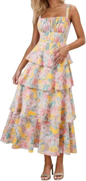 Maxi Dresses for Women 2025 Adjustable Spaghetti Strap Floral Dress Flowy Elegant Summer Casual Vacation Outfits