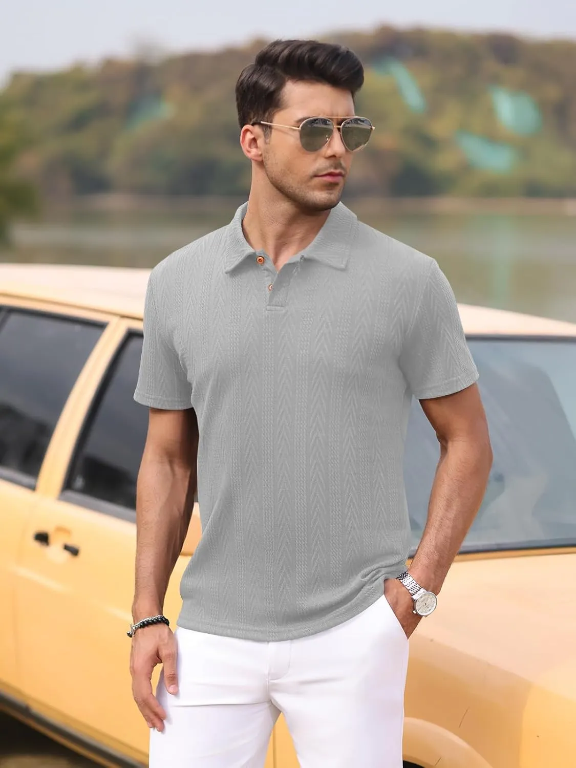 Men's Textured Knit Polo Shirt Short Sleeve Casual Golf Shirt Summer Vacation Button Beach Knit Collared Tops