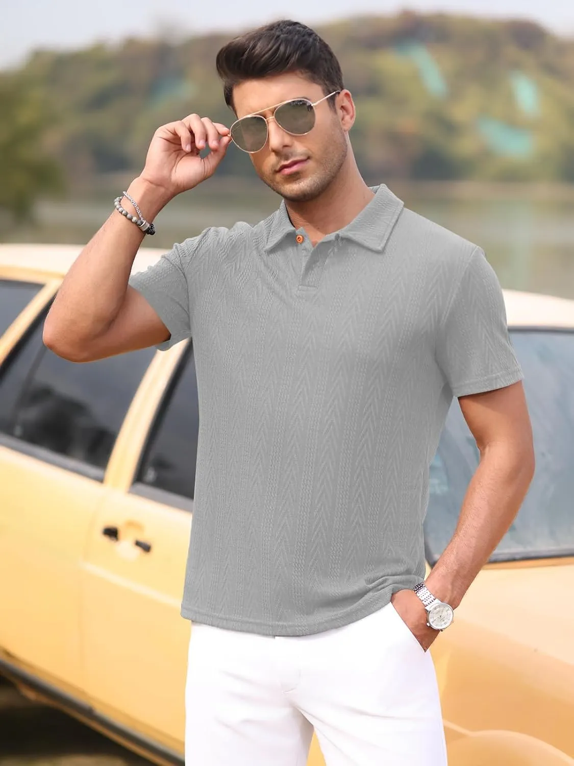 Men's Textured Knit Polo Shirt Short Sleeve Casual Golf Shirt Summer Vacation Button Beach Knit Collared Tops