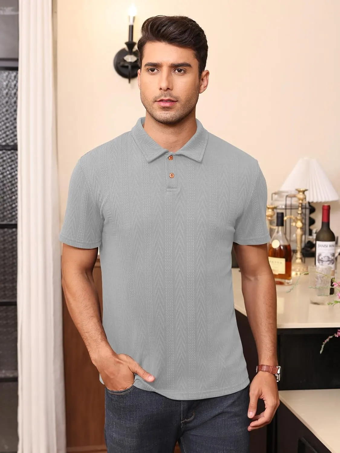Men's Textured Knit Polo Shirt Short Sleeve Casual Golf Shirt Summer Vacation Button Beach Knit Collared Tops