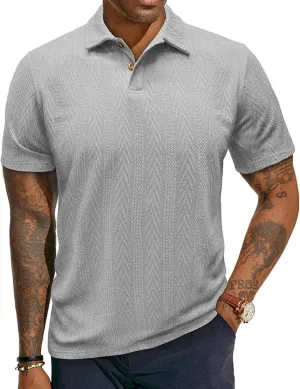Men's Textured Knit Polo Shirt Short Sleeve Casual Golf Shirt Summer Vacation Button Beach Knit Collared Tops