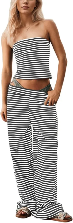 MISSACTIVER Women Sailor Tube Set 2 Piece Striped Outfits Strapless Crop Bandeau Elastic Waist Wide Leg Pants Matching Set