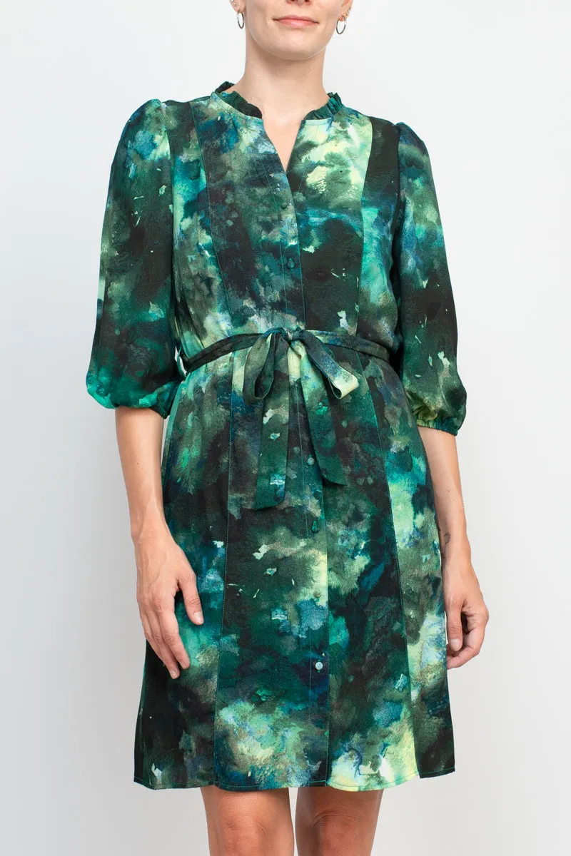 Nanette Lepore split neck button front closure elastic cuff tie waist multi print chiffon dress
