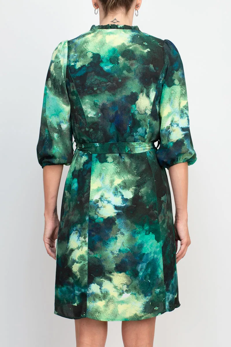 Nanette Lepore split neck button front closure elastic cuff tie waist multi print chiffon dress