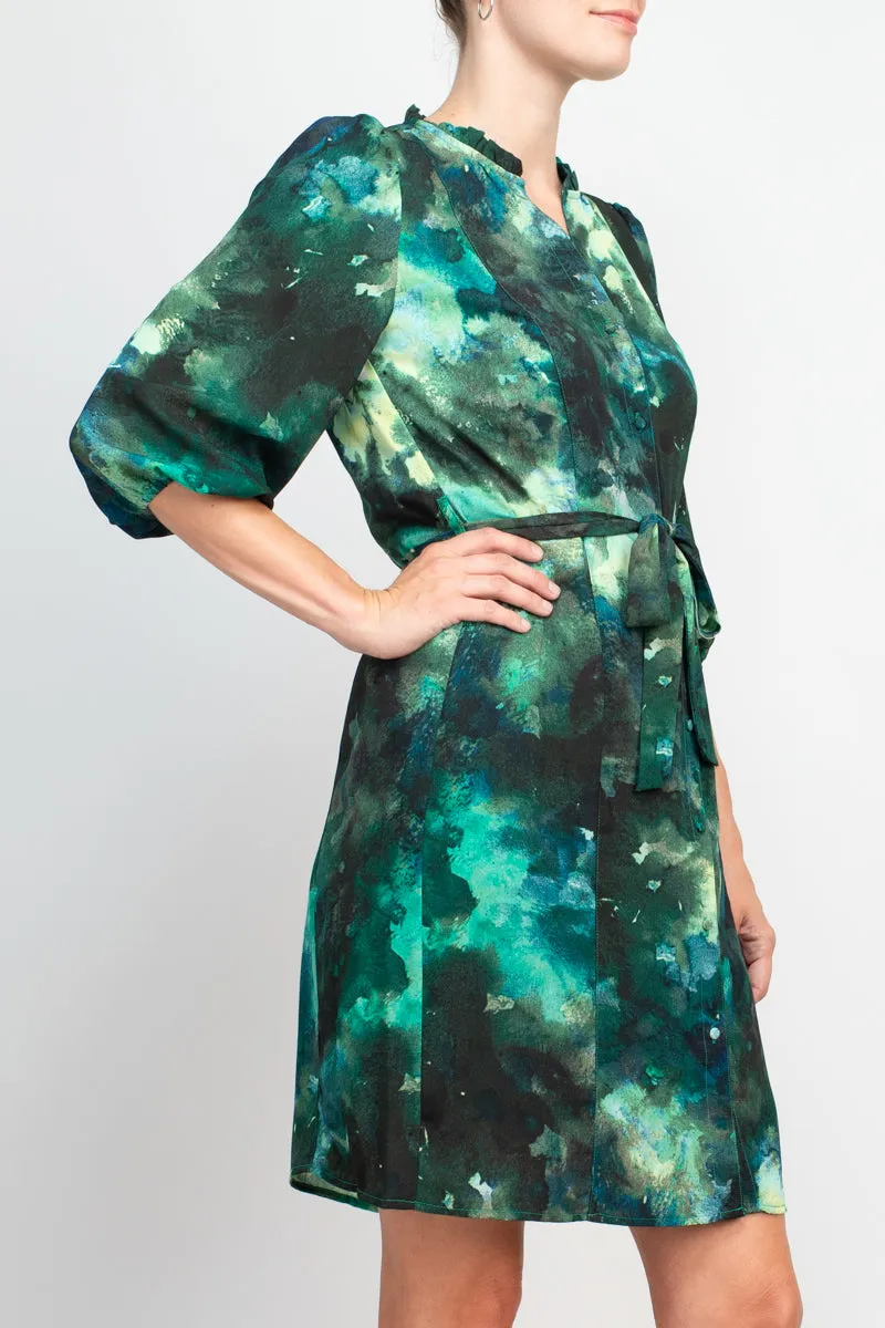 Nanette Lepore split neck button front closure elastic cuff tie waist multi print chiffon dress