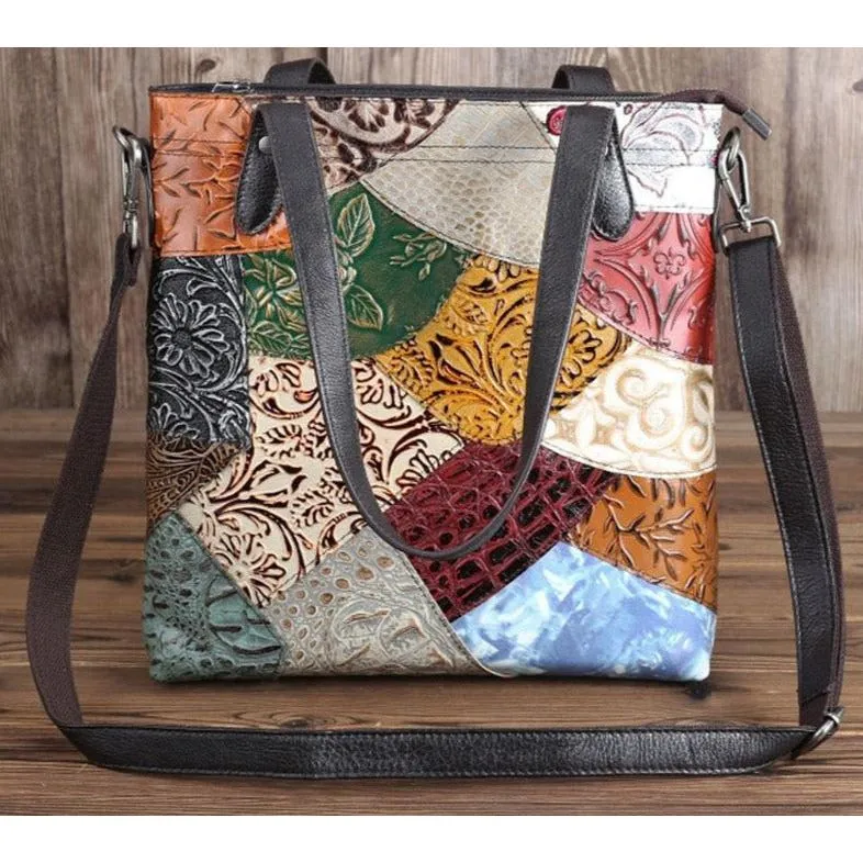 Patchwork Chic Leather Zipper Tote Shoulder Bag
