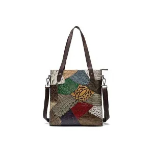 Patchwork Chic Leather Zipper Tote Shoulder Bag