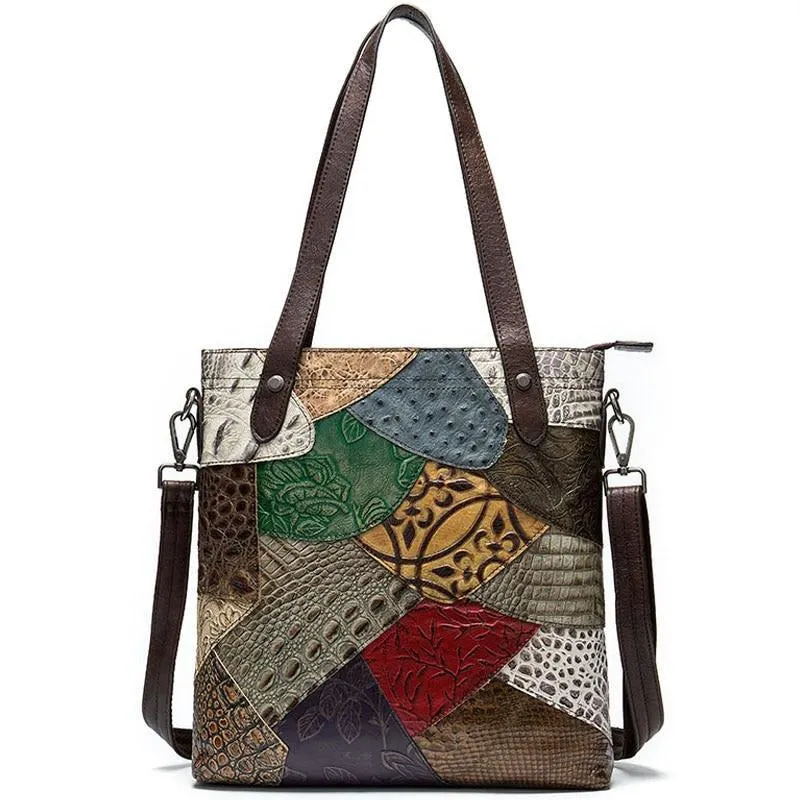 Patchwork Chic Leather Zipper Tote Shoulder Bag