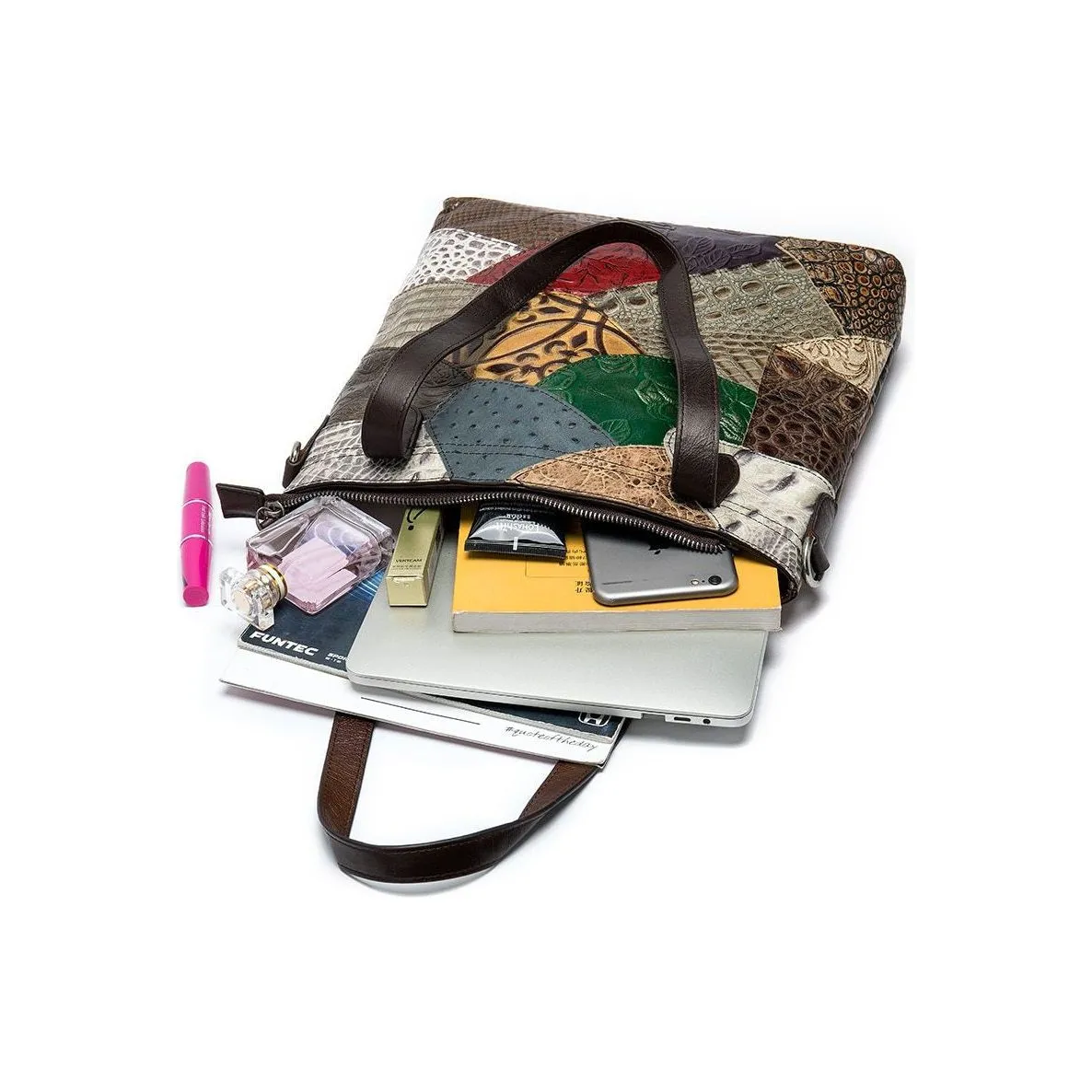 Patchwork Chic Leather Zipper Tote Shoulder Bag