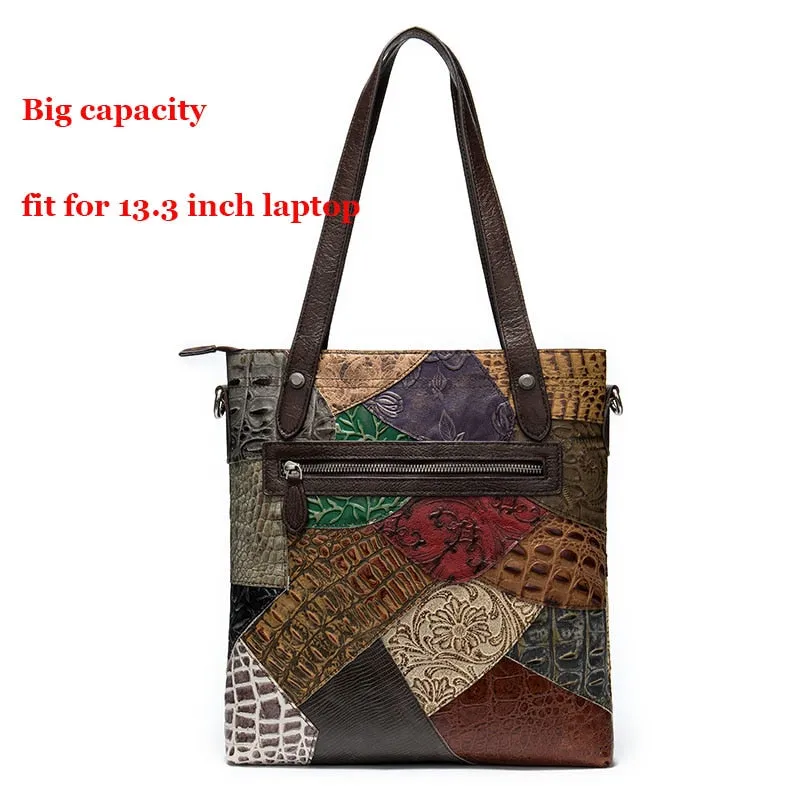 Patchwork Chic Leather Zipper Tote Shoulder Bag