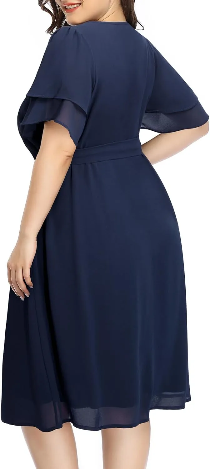 Pinup Fashion Plus Size Dresses for Wedding Guest - Semi Formal Cocktail Chiffon Keyhole Neck Knee Length Dress