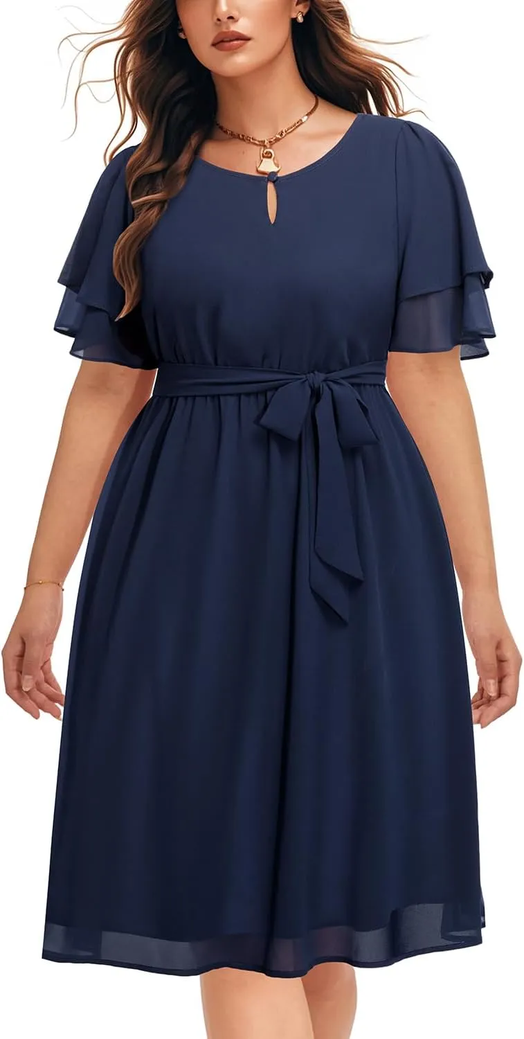 Pinup Fashion Plus Size Dresses for Wedding Guest - Semi Formal Cocktail Chiffon Keyhole Neck Knee Length Dress