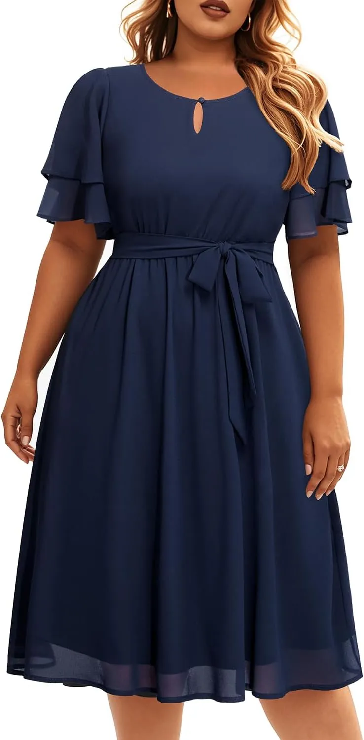 Pinup Fashion Plus Size Dresses for Wedding Guest - Semi Formal Cocktail Chiffon Keyhole Neck Knee Length Dress