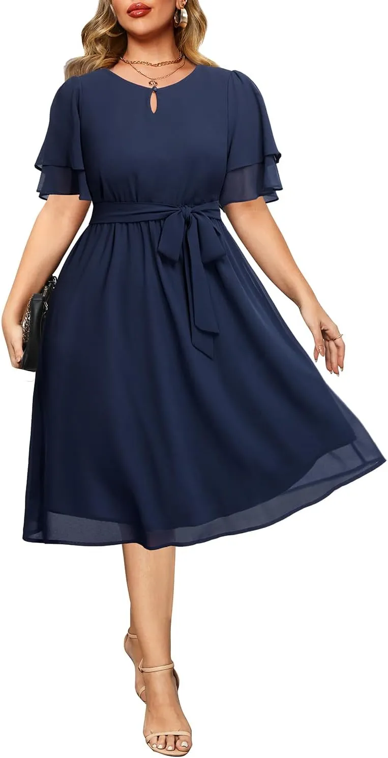 Pinup Fashion Plus Size Dresses for Wedding Guest - Semi Formal Cocktail Chiffon Keyhole Neck Knee Length Dress